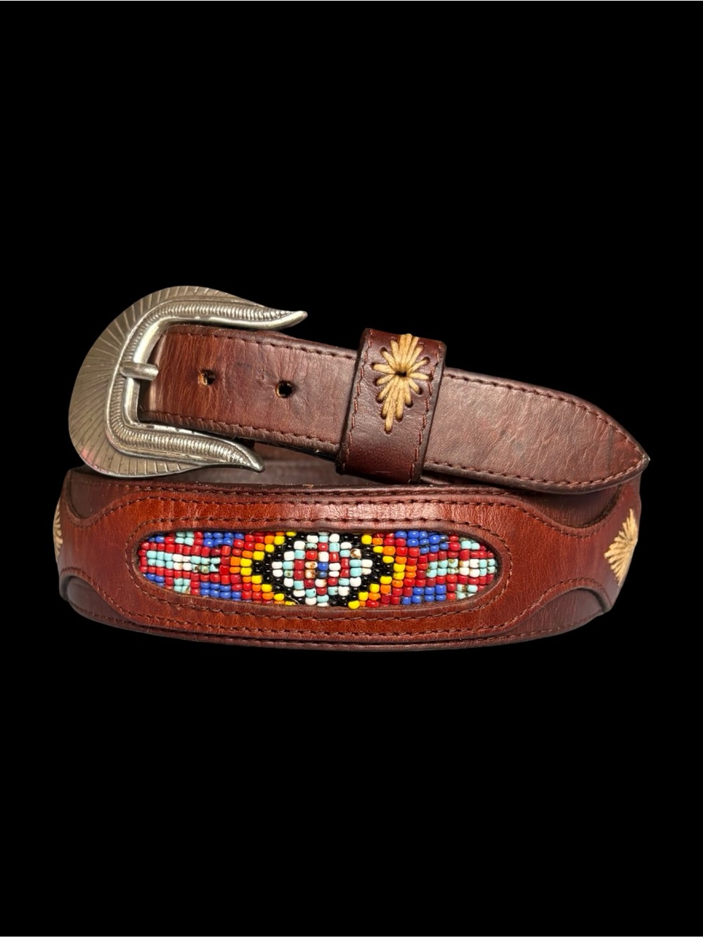 Vintage Beaded Leather Western Belt Boho Southwestern Size 34